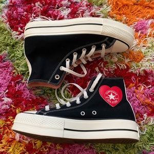 Black/Pink/Cream/Red Converse High Tops. Women’s 8.